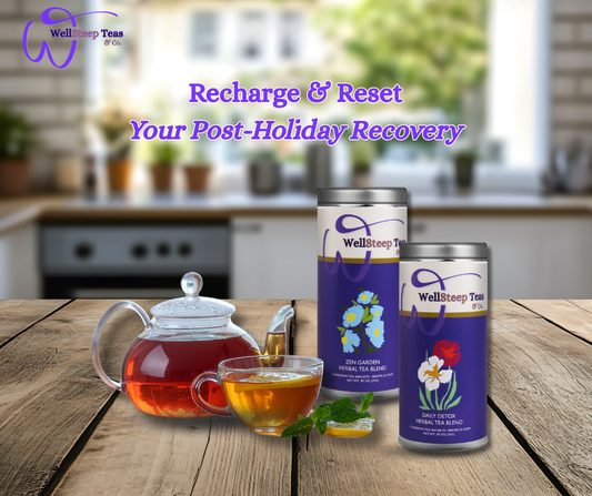 Herbal tea setup with Daily Detox and Zen Garden blends by WellSteep Teas, featuring a glass teapot and cup on a wooden table in a calm kitchen setting, representing post-holiday recovery and gentle wellness.