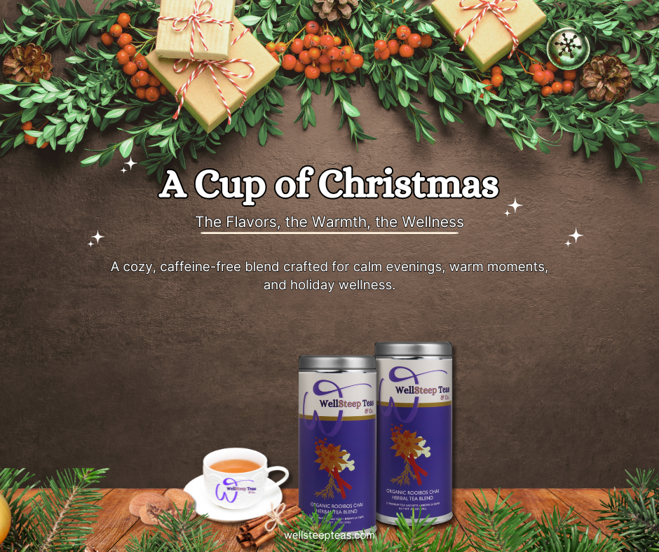 A festive holiday tea display featuring Rooibos Chai Bliss surrounded by Christmas greenery, warm seasonal decor, and cozy winter accents.