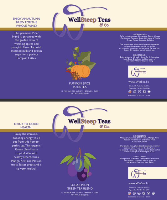 WellSteep Teas Pumpkin Spice Pu’er Tea and Sugar Plum Green Tea packaging – organic blends launching at NJ Women’s Expo Booth 521 by WellSteep Teas & Co.